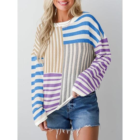 New Medium Oversized, Crewneck, Loose Knit Pullover Striped Color Block Sweater - Picture 4 of 5